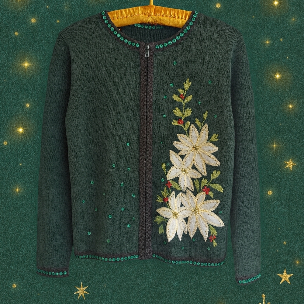 🎄 Vintage Tiara International Christmas Collection Poinsettia Cardigan